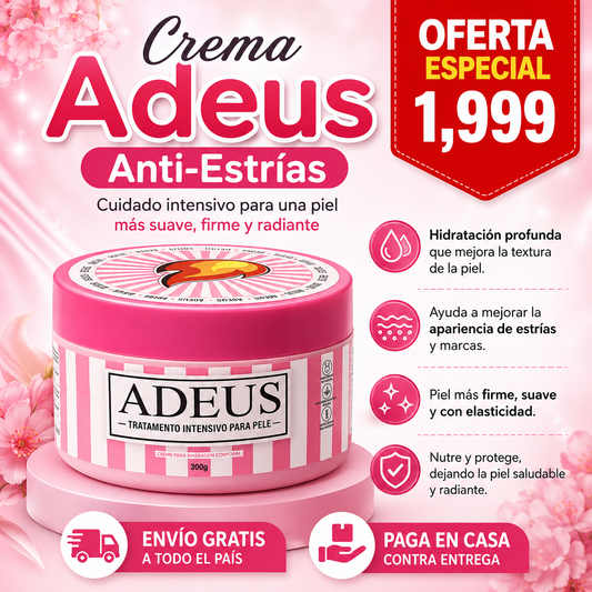 Adeus Crema Brasileña – Crema Rosa Anti-Estrías con Árnica, Jengibre, Cafeína y Té Verde - 300g